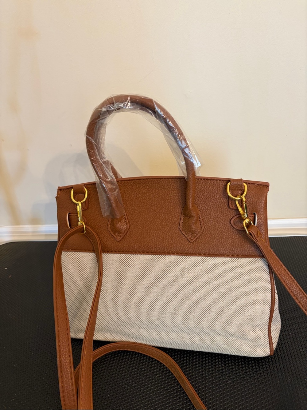 Structured vegan leather and canvas cargo top Handle Satchel - Picture 3 of 11